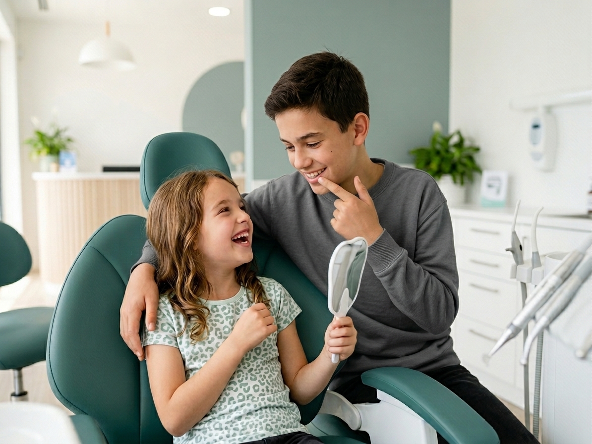 Enfants souriants dans un fauteuil dentaire